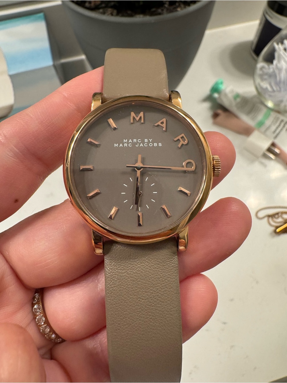Marc by Marc Jacobs Taupe Leather Strap Watch with Rose Gold Case